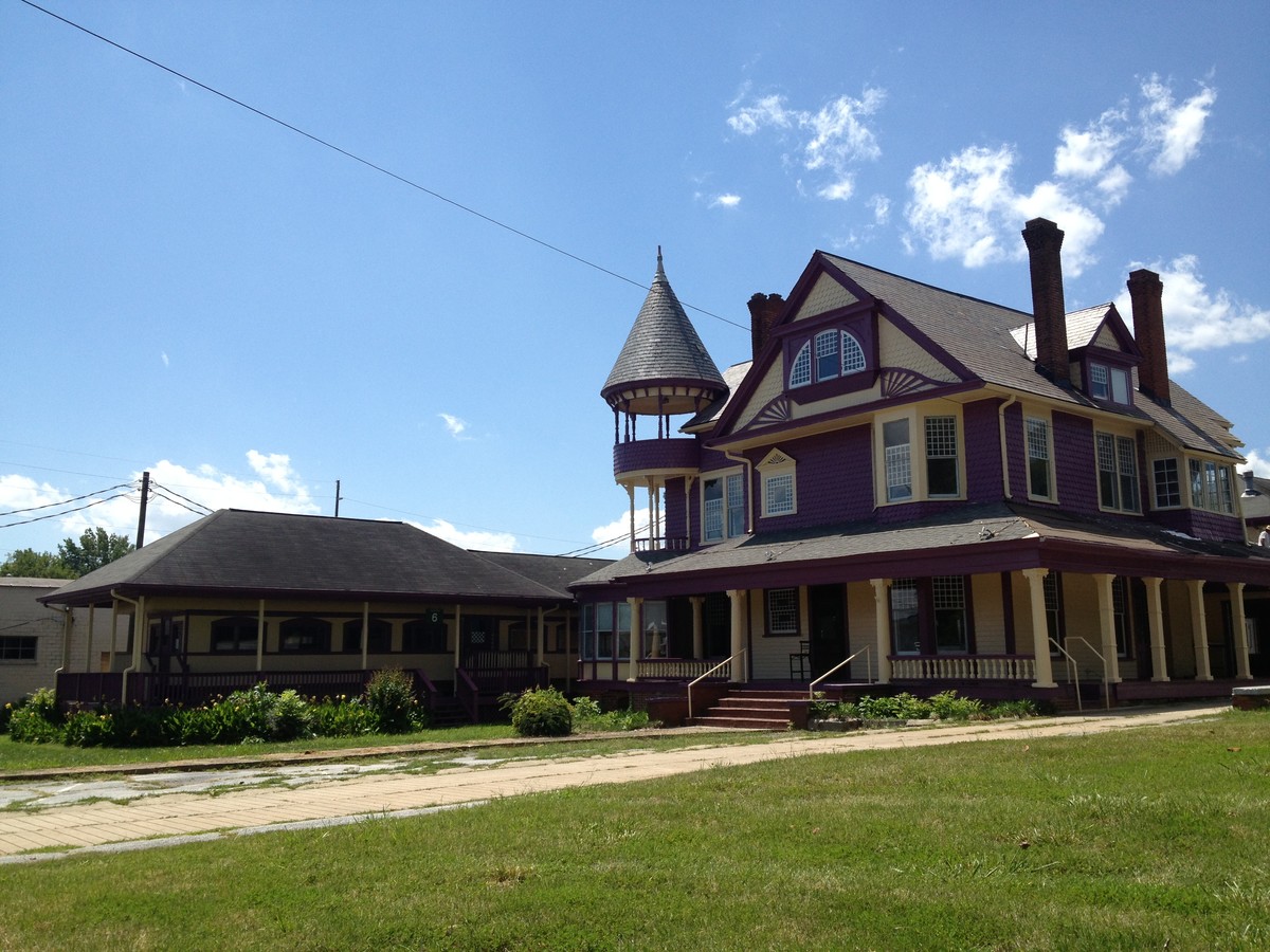 Purple and cream exterior of the mansion